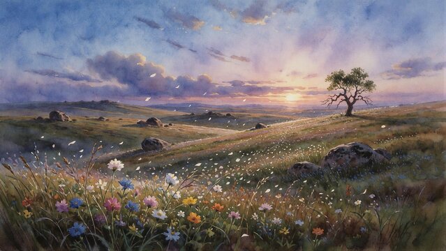 A serene watercolor landscape of a rolling hillside with blossoming wildflowers and a solitary tree against a warm sunset sky.