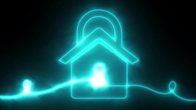 Glowing house lock animation features a cyan neon outline with flowing light motion around a house shaped lock on a dark background. 4K motion graphics.