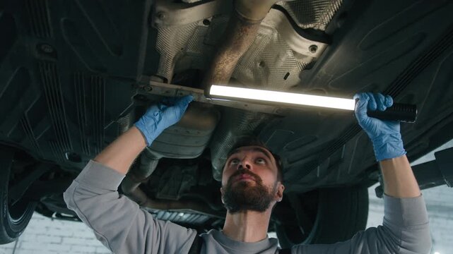Caucasian man mechanic inspecting underside beneath raised car in garage male guy technician shining flashlight across vehicle components repair worker surveying chassis automotive maintenance service