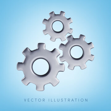 Vector realistic 3D gears mechanism illustration. Three metallic cogwheels working together. Engineering, teamwork, workflow, industrial process, automation, settings and technology concept