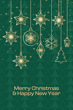 Merry Christmas and Happy New Year card template with hanging golden line ornament baubles on green background