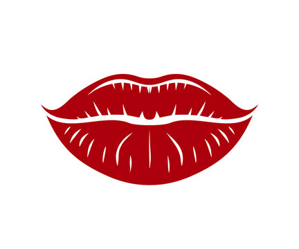 Red glossy lips with detailed texture and parted mouth shape. Flat vector illustration of female kiss symbol isolated on white background. Sexy beauty element for cosmetic, lipstick and Valentine desi