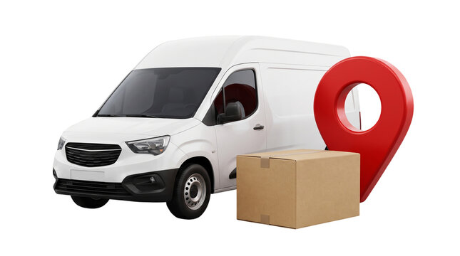 Delivery Van with Package and Location Pin for Shipping and Logistics transparent background	