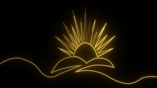 Golden sunrise with radiating sun and wave divider on black background