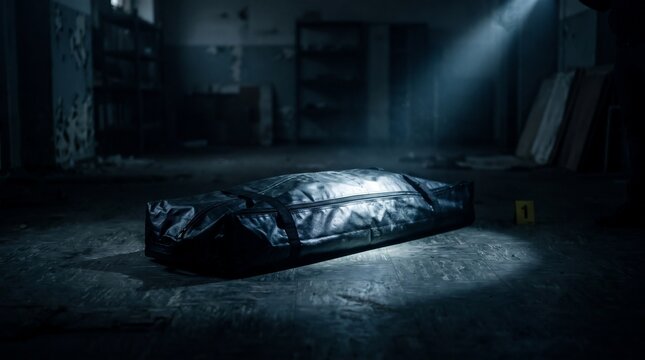 Body Bag at Dark Crime Scene with Evidence Marker Forensic Criminology Concept