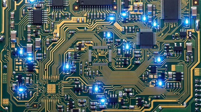 Electronic Circuit Board with Microchips and Glowing Data Signals