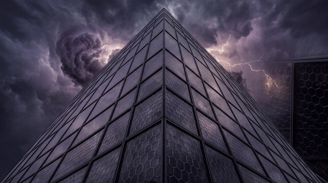 Modern Skyscraper Under Dramatic Stormy Sky with Lightning