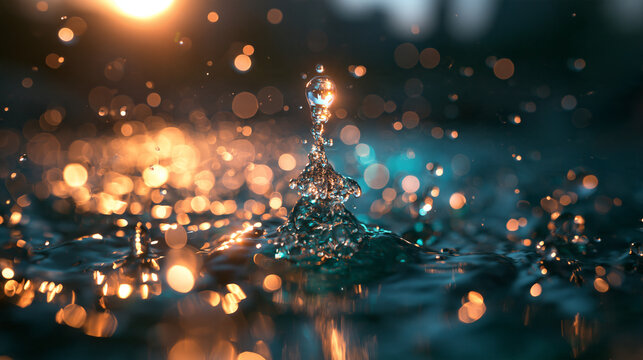 Water Droplet Splash with Golden Bokeh Background