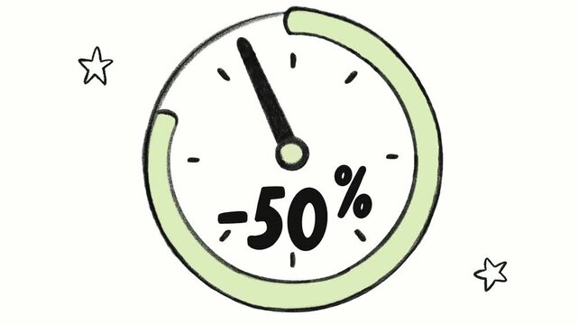 Animated 50% discount with a clock hand rotating clockwise and percentage text growing in size. Hand drawn sale animation in black and light green with decorative stars.