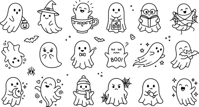 Black and white cute ghost vector icons set featuring funny halloween cartoon character outline elements spooky minimalist linear collection