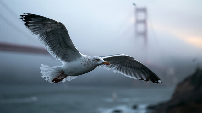 Seagull Flying in Front of Foggy Golden Gate Bridge