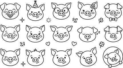 Fototapeta premium Black and white cute pig vector icons set featuring funny cartoon character face outline elements emoji minimalist linear collection