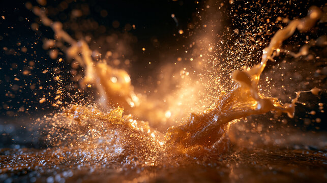 Golden Brown Liquid Splashing with Droplets and Backlight