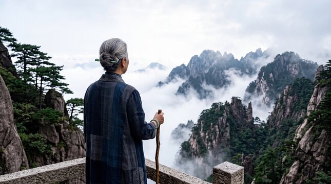 Senior Asian Woman Overlooking Misty Mountain Range