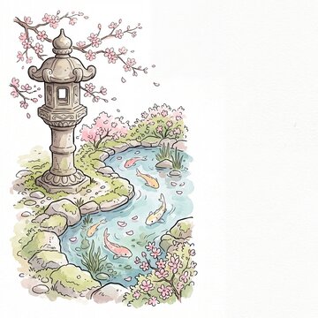 stone lantern beside a garden pond with swimming koi fish and drifting cherry blossom petals scene