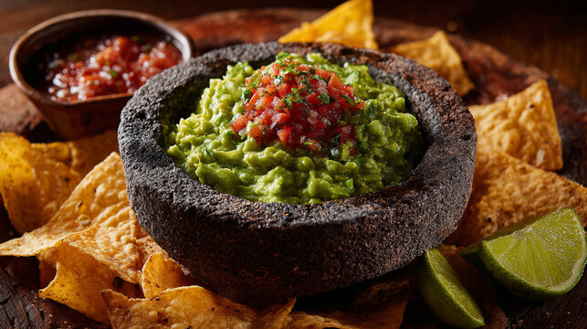 Fresh guacamole in a traditional stone mortar with salsa and tortilla chips.
