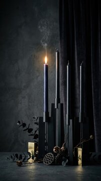 Modern candle arrangement: Advent symbol, ritual flame, spiritual hope, dark candlestick, elegant taper, gothic bronze, solitary light, sacred vigil, quiet devotion, serene meditation.