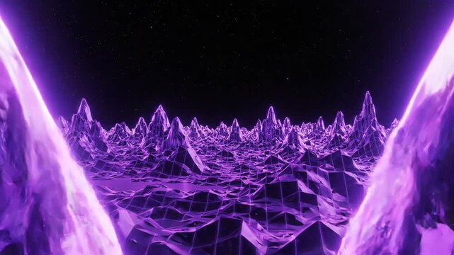 Futuristic purple neon mountain range flying through space