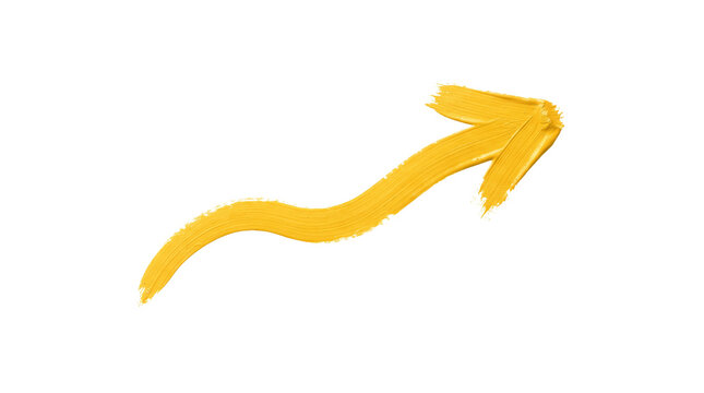Yellow paint brush stroke arrow pointing upwards and to the right on a white background