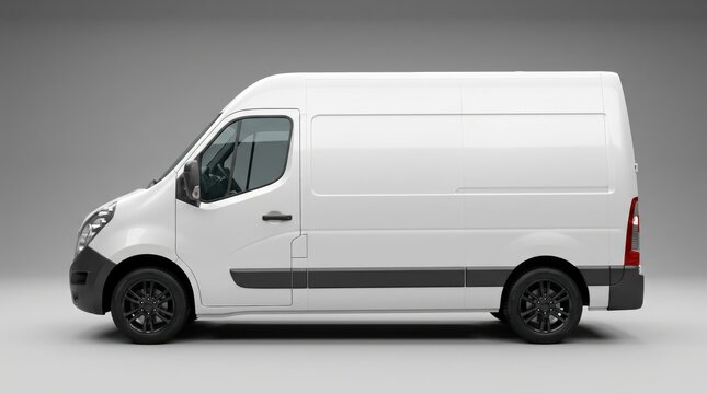 Blank white commercial cargo delivery van mockup side view on gray background