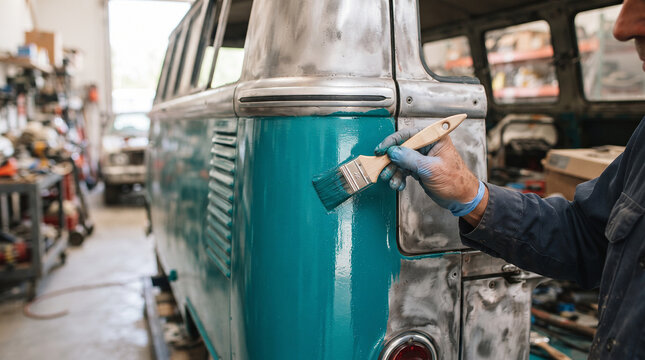 Restoration in Progress: A craftsman meticulously paints a vintage van in his workshop, bringing a classic vehicle back to life with a vibrant teal hue, showcasing dedication and skill.