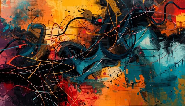 Abstract painting features a dynamic explosion of vibrant colors including orange, yellow, red, and blue, interwoven with energetic swirling black lines, creating a chaotic and expressive composition.