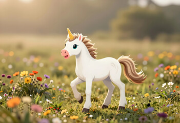 Obraz premium Fantasy and imagination concept, cute cartoon unicorn walking in a sunny spring meadow with colorful wildflowers and soft natural morning light