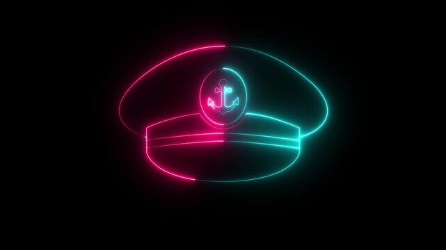 Glowing neon Captain hat icon isolated on black background. maritime accessory, Uniform Cap Symbols, Nautical Head wear and nautical theme element. 4K Video animation.