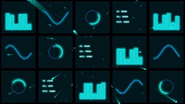 Set of glowing blue neon data charts and digital info graphs with futuristic interface elements