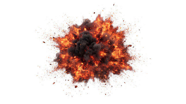 Intense Fireball Explosion with Smoke and Debris on White Background