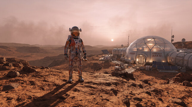First Astronaut on Mars: An astronaut in a futuristic suit stands proudly on the red soil of Mars, gazing at a biodome colony and the distant Martian sunset.