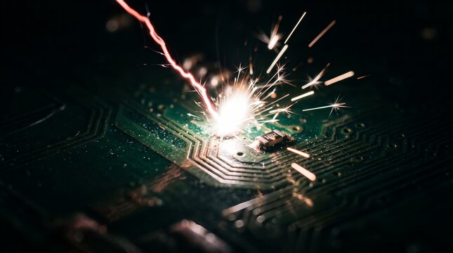 Macro Close Up of an Electrical Short Circuit Creating Sparks on a Green Electronic Printed Circuit Board Surface