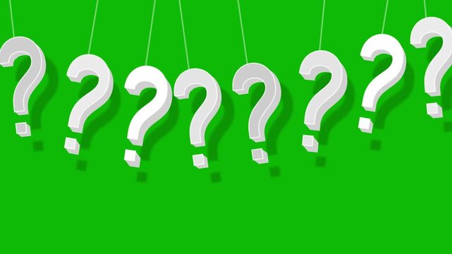 Hanging Question Mark Icons Animation on Green Screen, 3D White Punctuation Symbols for Quiz and Decision Overlay