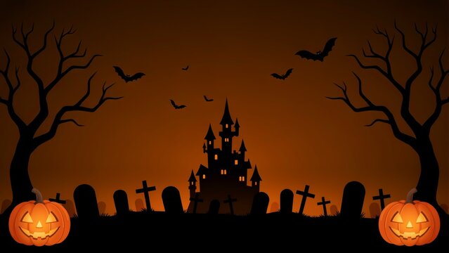 Spooky halloween night scene with bats graveyard pumpkins and silhouette castle against an orange background