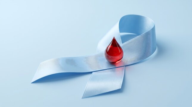 Blue awareness ribbon with red drop symbolizing support for a cause