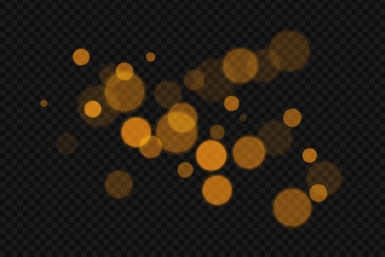 Golden bokeh lights background effect, glowing particle lens flare overlay for design, vector illustration