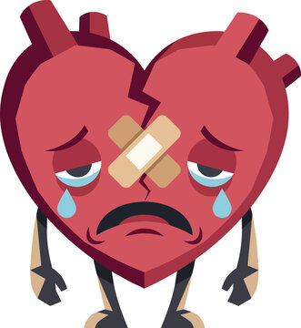 Sad Unhealthy Damaged Heart Mascot Character Flat Vector Illustration, Cardiac Health Disease Medical Awareness Icon 
