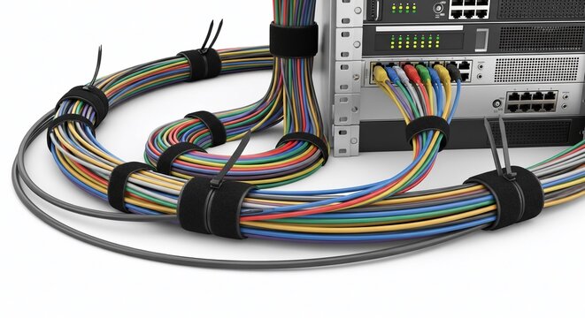 Neatly bundled blue and grey network ethernet cables organized next to high-performance rack server equipment in a modern professional data center.