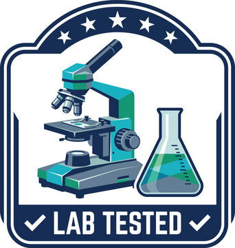Lab Tested Quality Certification Stamp Badge Flat Vector Illustration, Rounded Rectangle Seal with Microscope and Laboratory Flask Icon