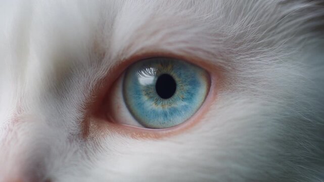 Extreme macro photorealistic footage of a cute Angora cat's eye, crystal-clear sky-blue iris
