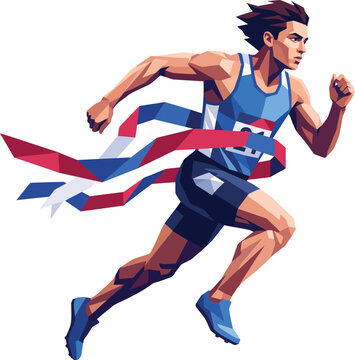 Running Athlete Crossing Finish Line Ribbon Flat Vector Illustration