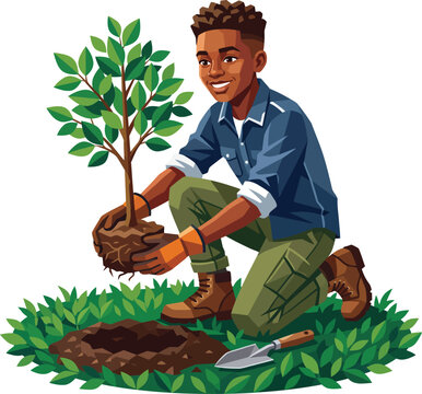 Smiling African American Youth Planting Green Tree Flat Vector Illustration, Detailed Black Teen Eco Volunteer Gardening Icon 