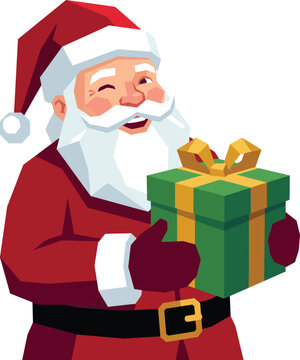 Santa Claus Winking and Holding Secret Christmas Gift Flat Vector Illustration