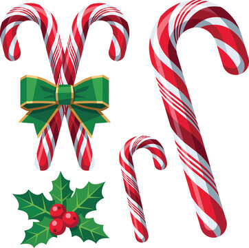 Classic Red and White Striped Candy Cane Set Flat Vector Illustration, Detailed Christmas Peppermint Sweet Confectionery Collection