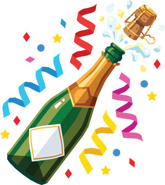 Popping Champagne Bottle with Cork and Colorful Confetti Streamers Flat Vector Illustration