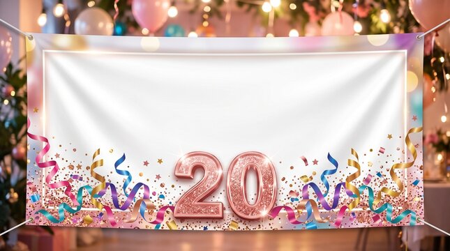 Rose gold twentieth birthday party banner with confetti and copy space