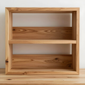 Minimalist interior design and home organization, empty wooden shelf unit for product display or storage solutions on a clean white background