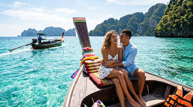 Romantic Escape: A young couple, embracing amidst the breathtaking scenery of tropical islands and turquoise waters, enjoys an intimate boat ride on a traditional longtail boat.