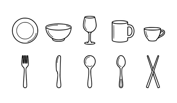 Essential Dining Utensils and Tableware Outline Vector Icons