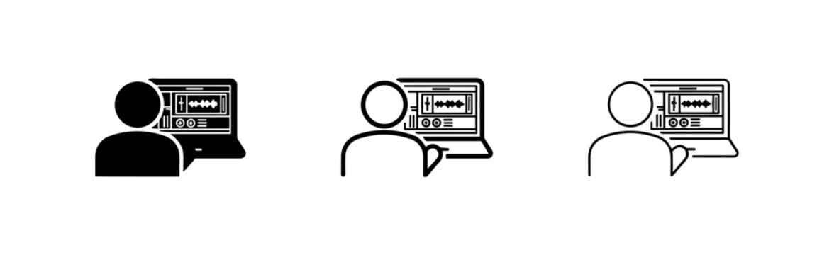 Audio editing and production icon set, person working on sound waveform on a laptop. Set of three styles: filled, outline, and line art.